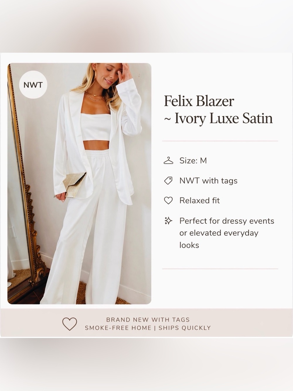 NWT Show Me Your Mumu Felix Blazer – Ivory Satin, Size M - Picture 2 of 3